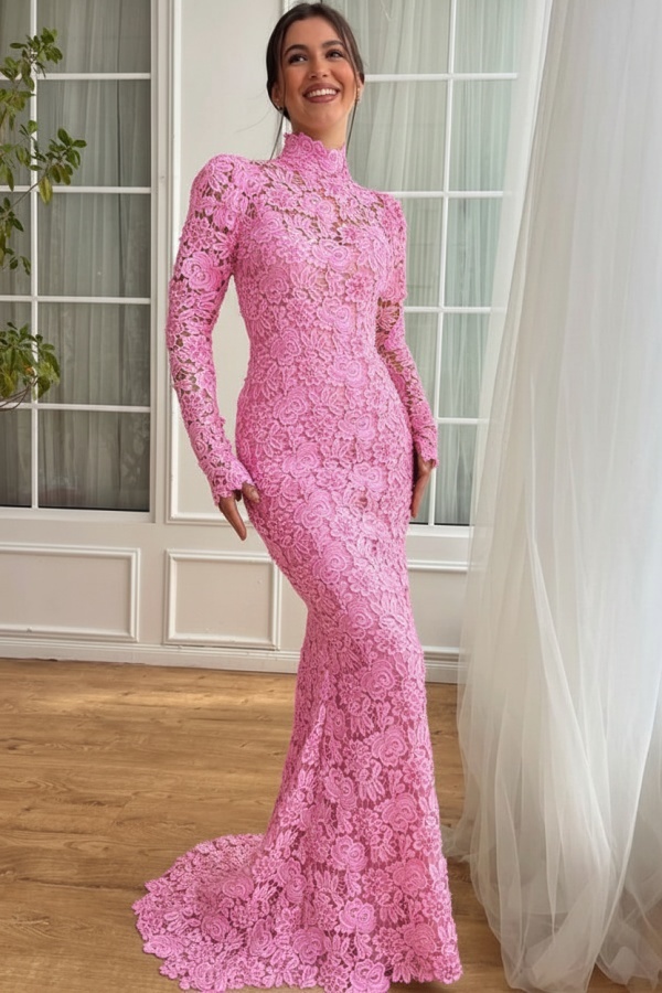 Designer Abendkleider Lang Weiß Spitze Ballkleider mit Ärmel