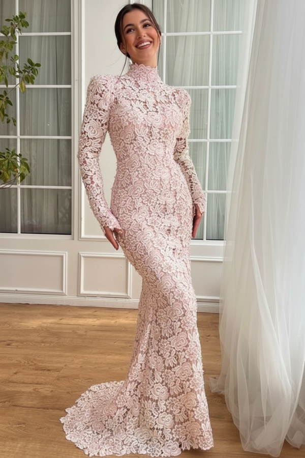 Designer Abendkleider Lang Weiß Spitze Ballkleider mit Ärmel