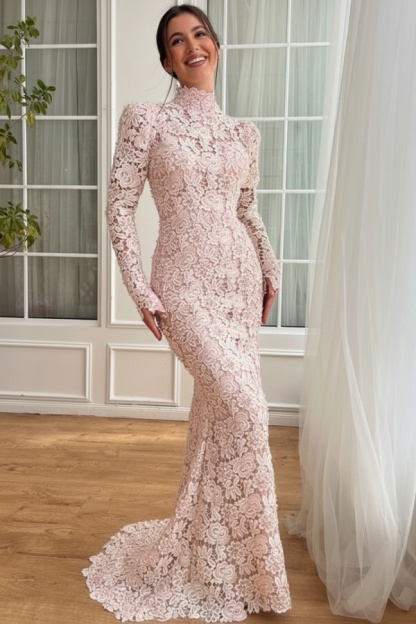 Designer Abendkleider Lang Weiß Spitze Ballkleider mit Ärmel