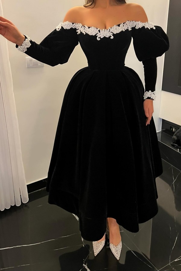 Schwarze Cocktailkleider Partykleider Kurz Ballkleider mit Ärmel