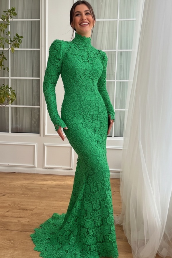 Designer Abendkleider Lang Weiß Spitze Ballkleider mit Ärmel