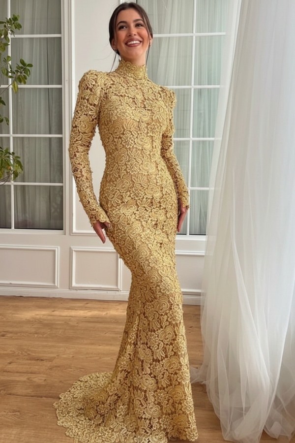 Designer Abendkleider Lang Weiß Spitze Ballkleider mit Ärmel
