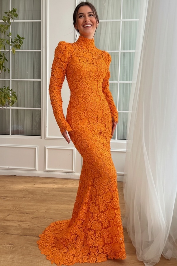 Designer Abendkleider Lang Weiß Spitze Ballkleider mit Ärmel