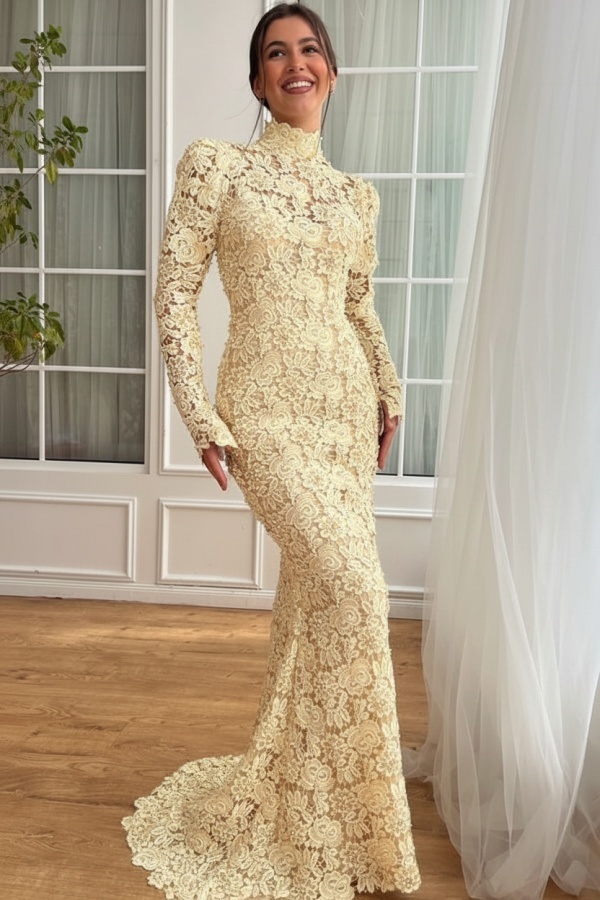 Designer Abendkleider Lang Weiß Spitze Ballkleider mit Ärmel