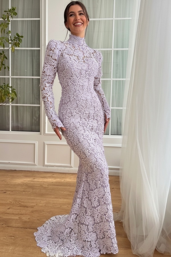 Designer Abendkleider Lang Weiß Spitze Ballkleider mit Ärmel