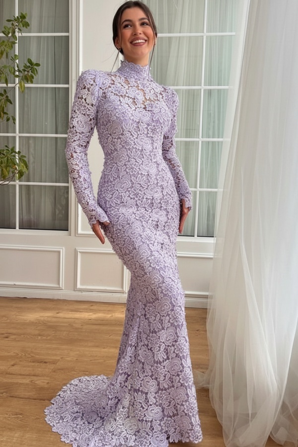 Designer Abendkleider Lang Weiß Spitze Ballkleider mit Ärmel