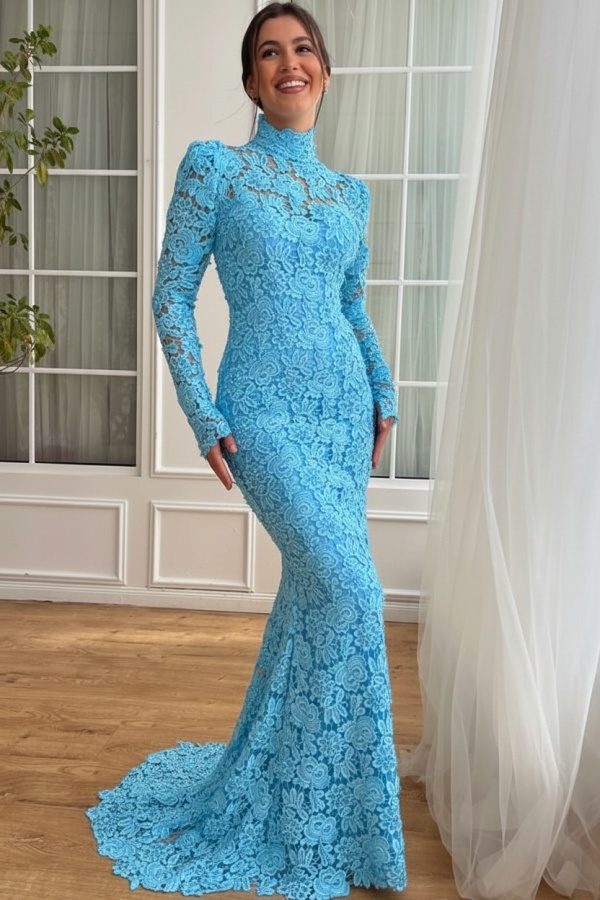 Designer Abendkleider Lang Weiß Spitze Ballkleider mit Ärmel