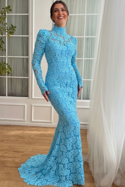 Designer Abendkleider Lang Weiß Spitze Ballkleider mit Ärmel