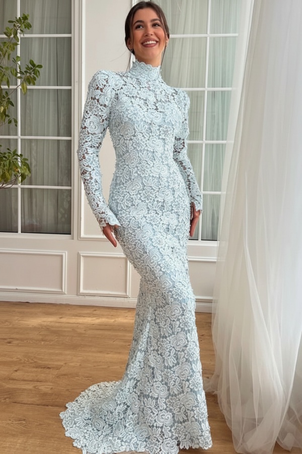 Designer Abendkleider Lang Weiß Spitze Ballkleider mit Ärmel