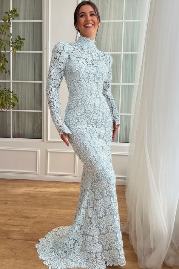 Designer Abendkleider Lang Weiß Spitze Ballkleider mit Ärmel