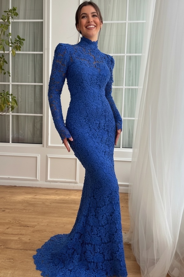 Designer Abendkleider Lang Weiß Spitze Ballkleider mit Ärmel
