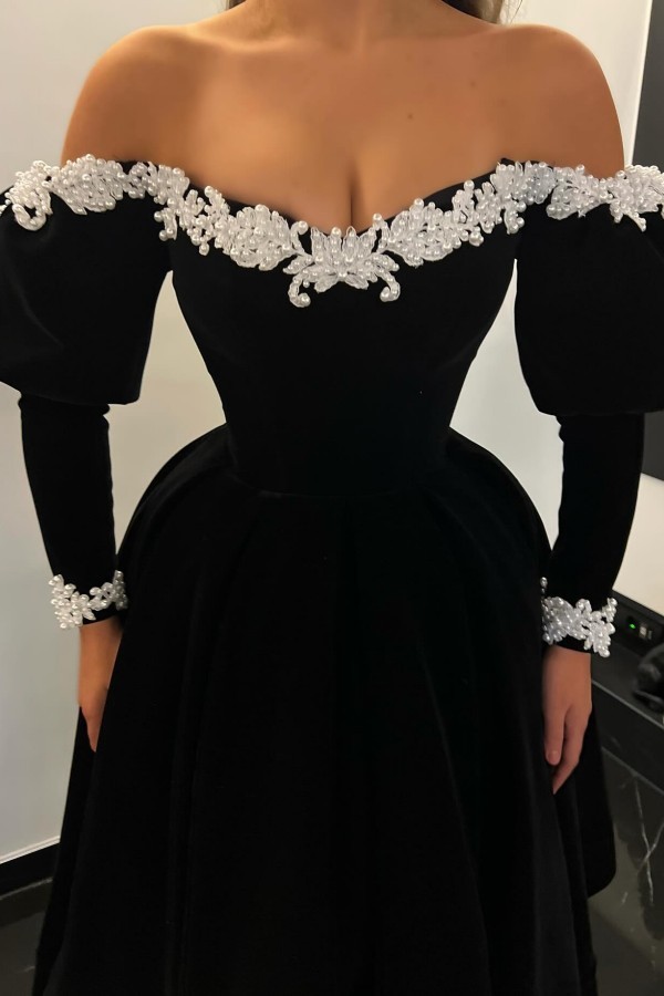 Schwarze Cocktailkleider Partykleider Kurz Ballkleider mit Ärmel