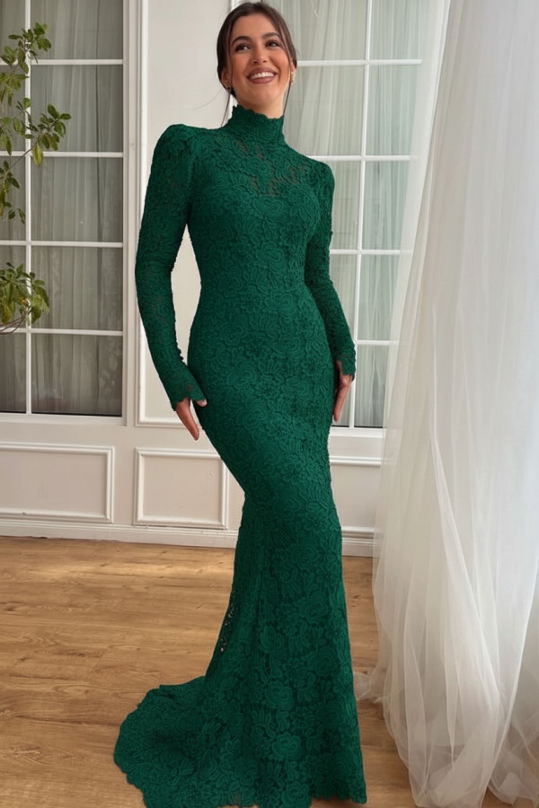 Designer Abendkleider Lang Weiß Spitze Ballkleider mit Ärmel