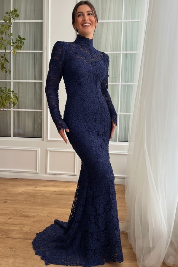 Designer Abendkleider Lang Weiß Spitze Ballkleider mit Ärmel