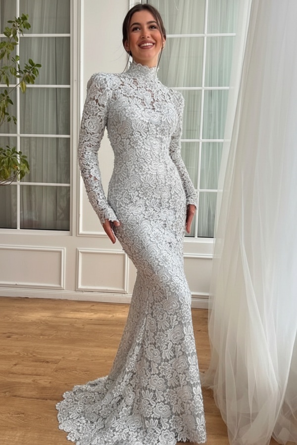 Designer Abendkleider Lang Weiß Spitze Ballkleider mit Ärmel