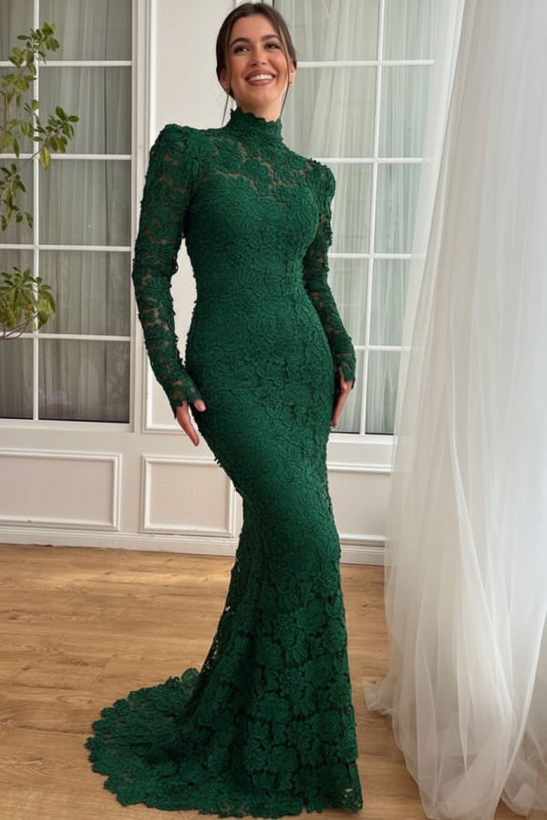 Designer Abendkleider Lang Weiß Spitze Ballkleider mit Ärmel
