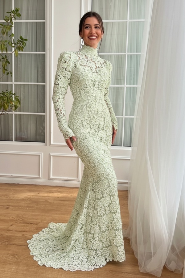 Designer Abendkleider Lang Weiß Spitze Ballkleider mit Ärmel