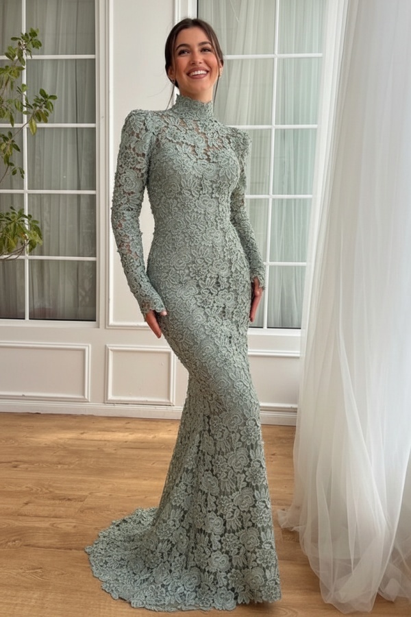 Designer Abendkleider Lang Weiß Spitze Ballkleider mit Ärmel