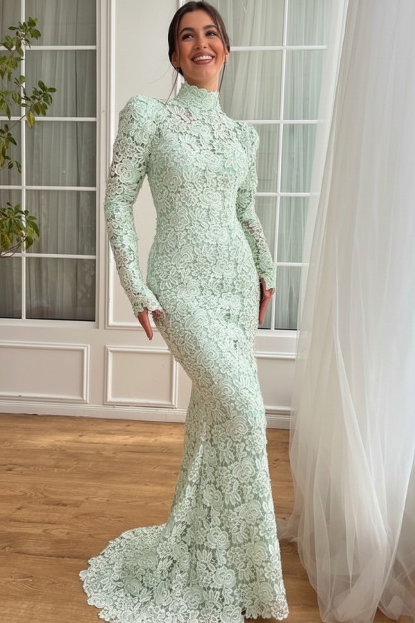 Designer Abendkleider Lang Weiß Spitze Ballkleider mit Ärmel