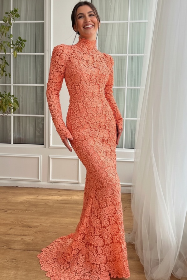 Designer Abendkleider Lang Weiß Spitze Ballkleider mit Ärmel