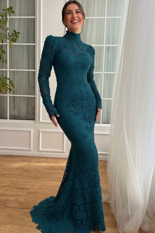 Designer Abendkleider Lang Weiß Spitze Ballkleider mit Ärmel