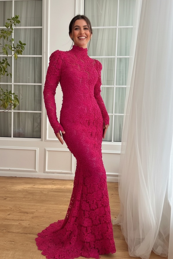 Designer Abendkleider Lang Weiß Spitze Ballkleider mit Ärmel