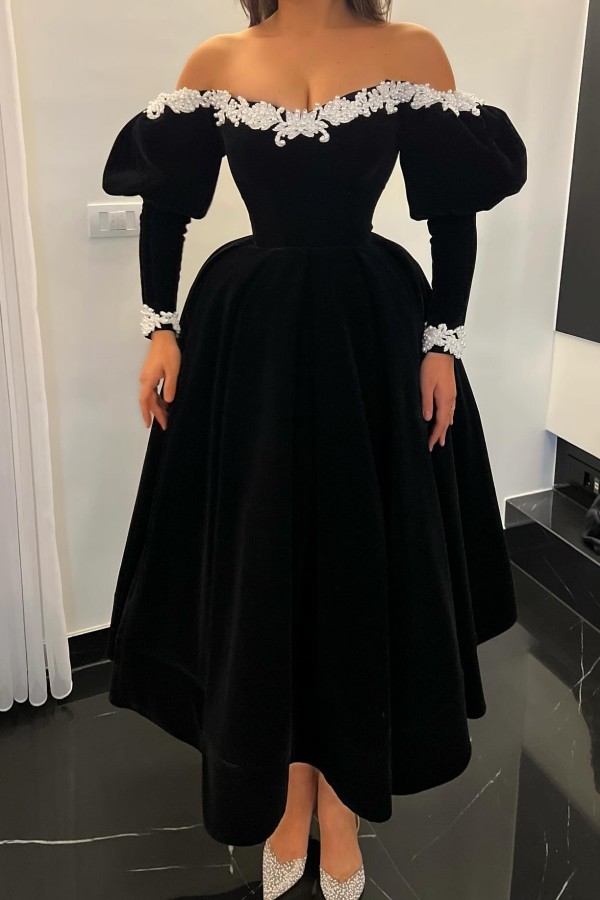 Schwarze Cocktailkleider Partykleider Kurz Ballkleider mit Ärmel