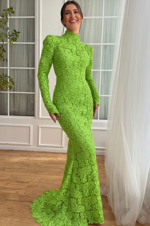 Designer Abendkleider Lang Weiß Spitze Ballkleider mit Ärmel
