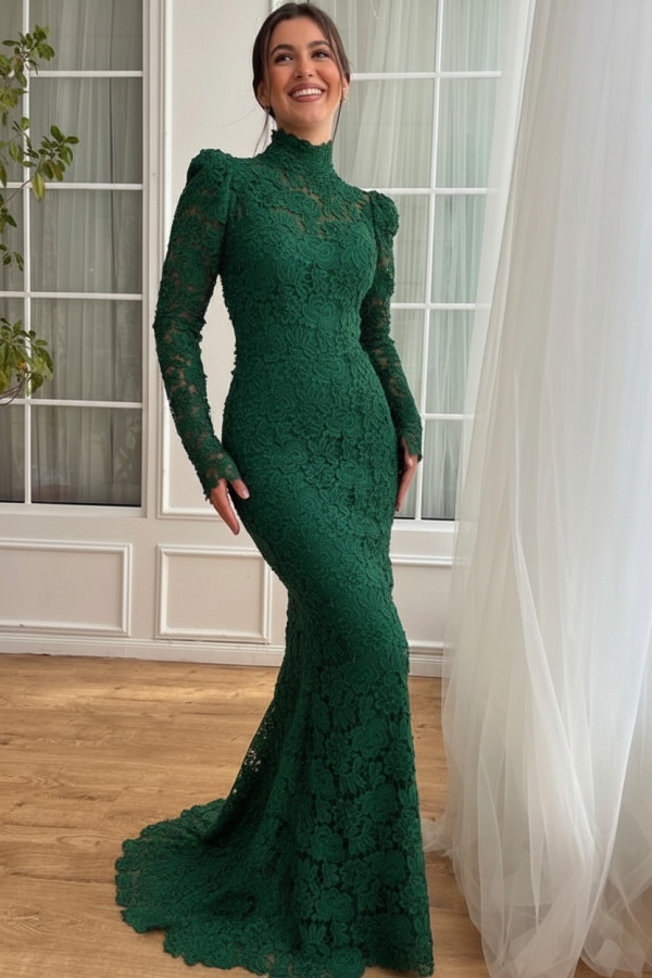 Designer Abendkleider Lang Weiß Spitze Ballkleider mit Ärmel