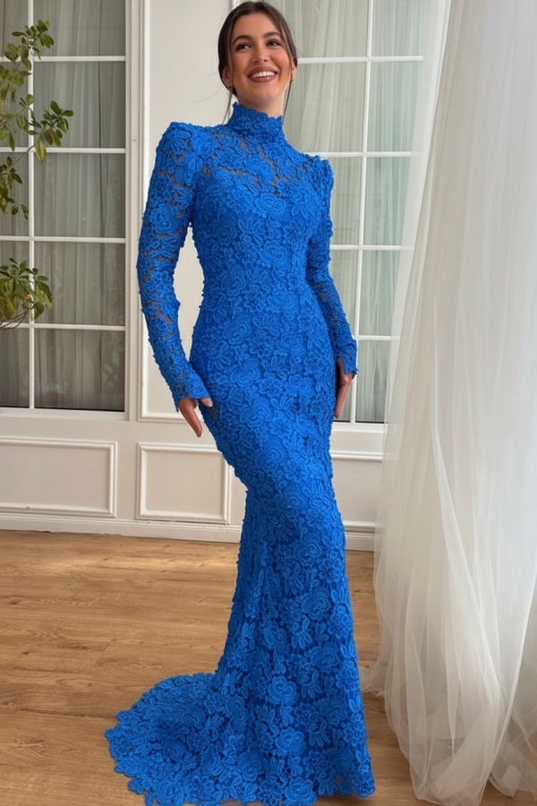 Designer Abendkleider Lang Weiß Spitze Ballkleider mit Ärmel