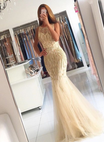 Luxurious Abendkleider Lang Gelb Perlen Meerjungfrau Abendmoden Abiballkleider Günstig-babyonlinedressde