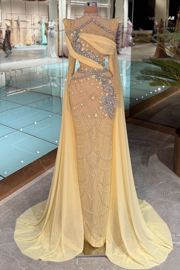 Extravagante Abendkleider Lang Glitzer Gelb Ballkleider mit Ärmel