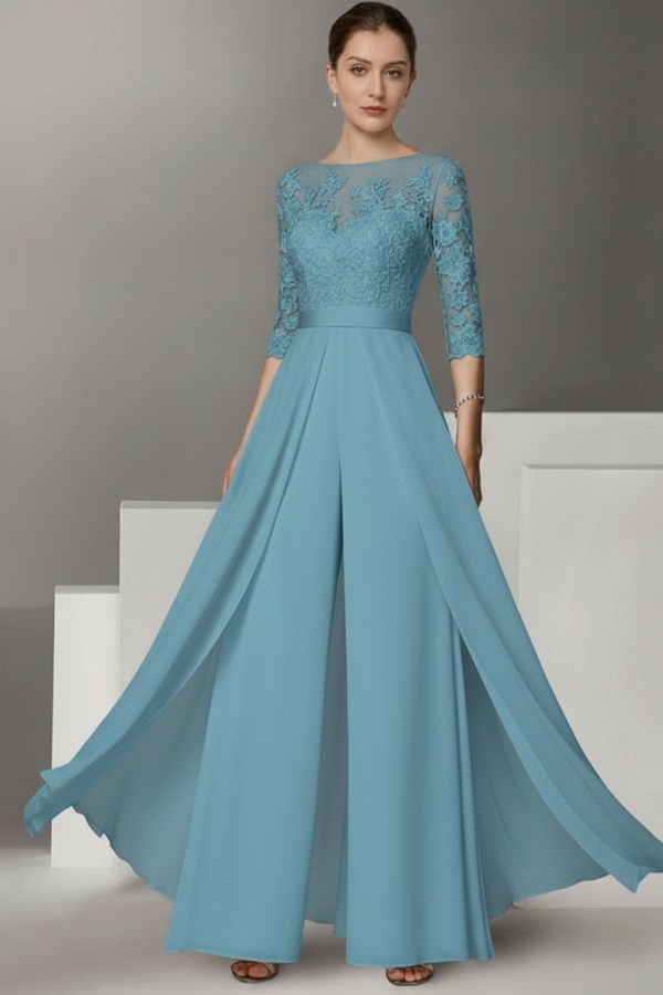 Festliche Hosenanzüge Lang | Chiffon Brautmutterkleider mit Ärmel