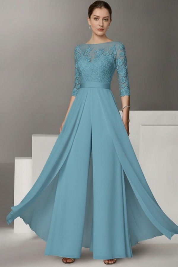 Festliche Hosenanzüge Lang | Chiffon Brautmutterkleider mit Ärmel