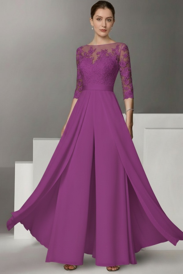 Festliche Hosenanzüge Lang | Chiffon Brautmutterkleider mit Ärmel