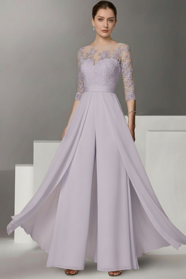 Festliche Hosenanzüge Lang | Chiffon Brautmutterkleider mit Ärmel