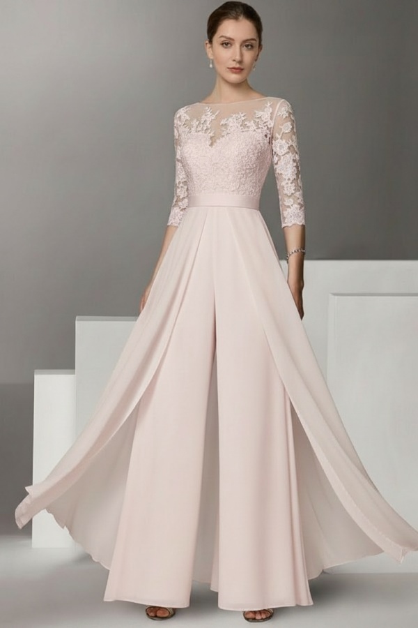 Festliche Hosenanzüge Lang | Chiffon Brautmutterkleider mit Ärmel