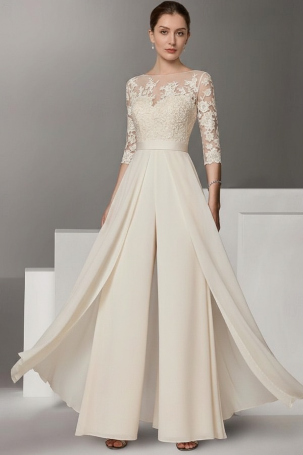 Festliche Hosenanzüge Lang | Chiffon Brautmutterkleider mit Ärmel
