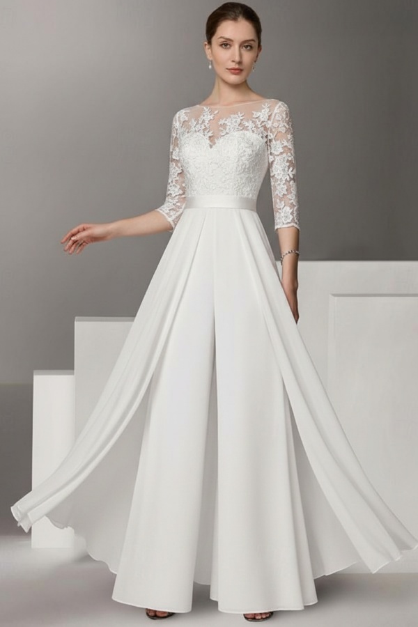 Festliche Hosenanzüge Lang | Chiffon Brautmutterkleider mit Ärmel