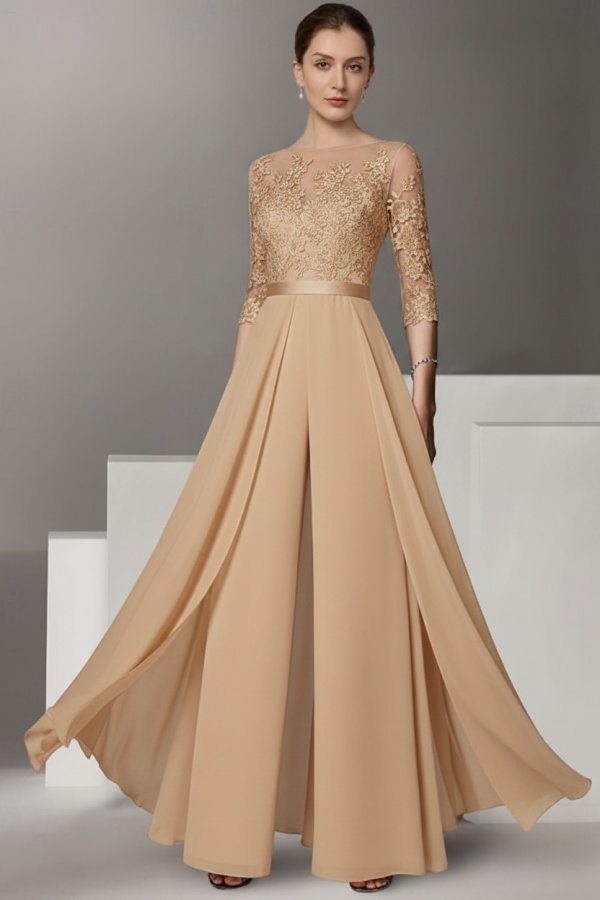 Festliche Hosenanzüge Lang | Chiffon Brautmutterkleider mit Ärmel