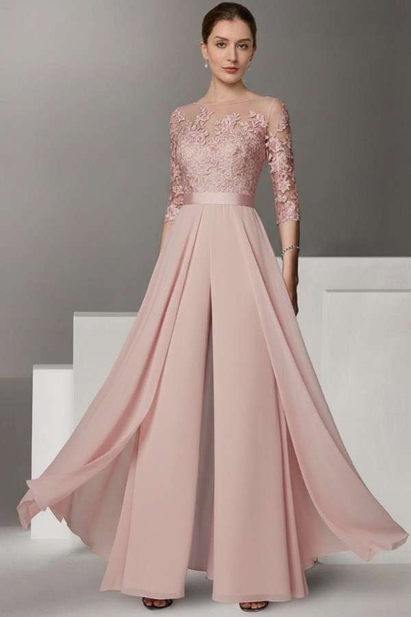 Festliche Hosenanzüge Lang | Chiffon Brautmutterkleider mit Ärmel