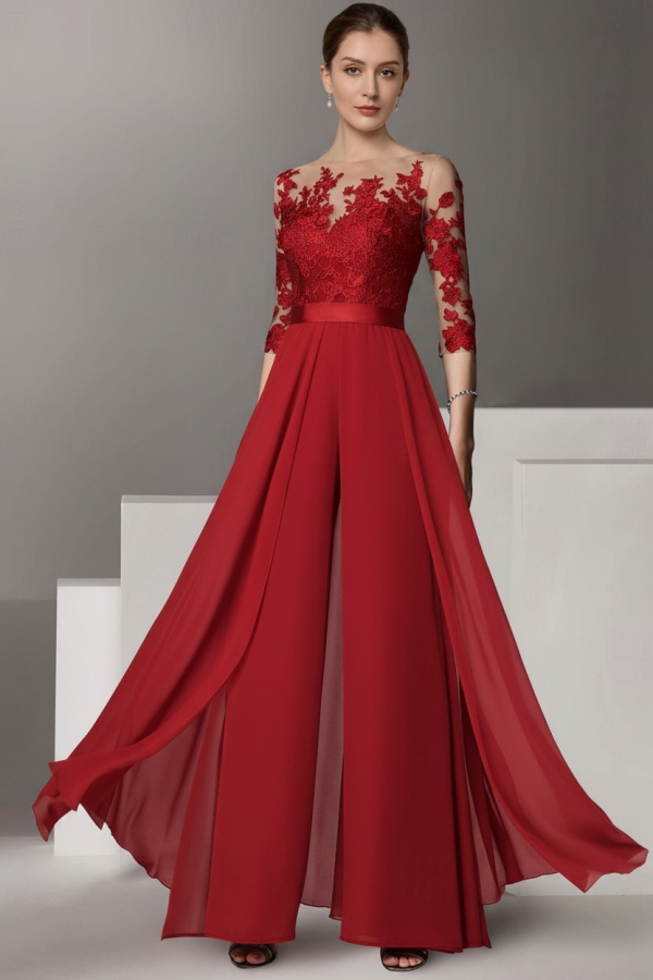 Festliche Hosenanzüge Lang | Chiffon Brautmutterkleider mit Ärmel