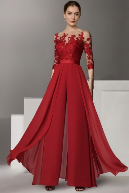 Festliche Hosenanzüge Lang | Chiffon Brautmutterkleider mit Ärmel