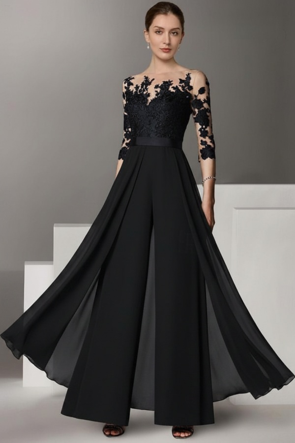 Festliche Hosenanzüge Lang | Chiffon Brautmutterkleider mit Ärmel