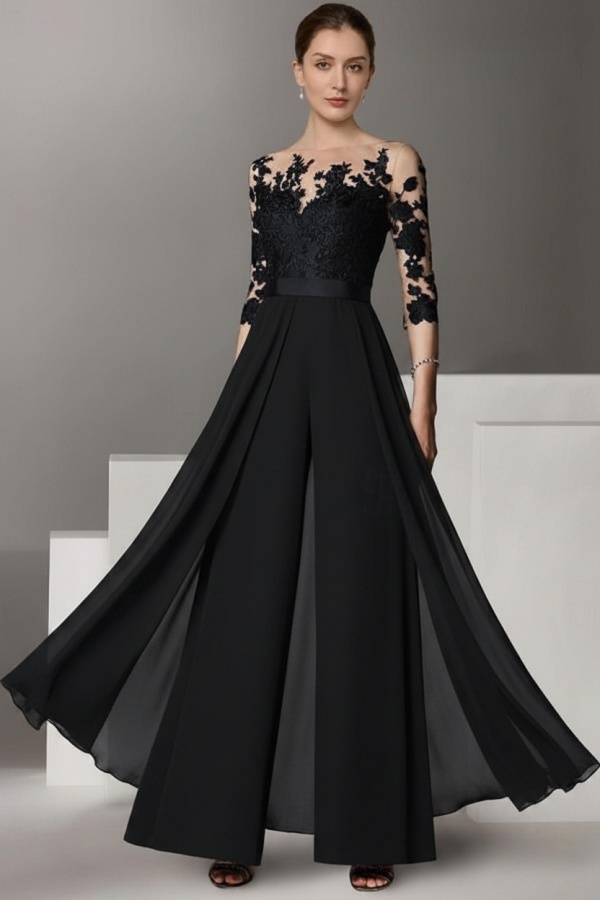 Festliche Hosenanzüge Lang | Chiffon Brautmutterkleider mit Ärmel