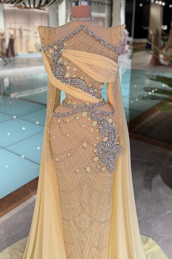 Extravagante Abendkleider Lang Glitzer Gelb Ballkleider mit Ärmel