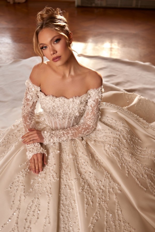 Extravagante Hochzeitskleider Prinzessin Glitzer Brautkleider mit Ärmel