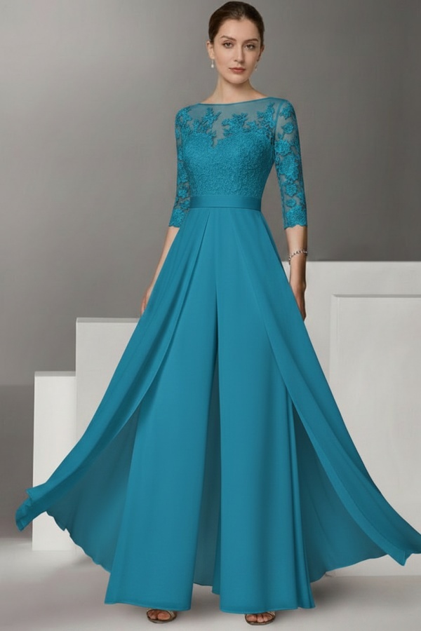Festliche Hosenanzüge Lang | Chiffon Brautmutterkleider mit Ärmel