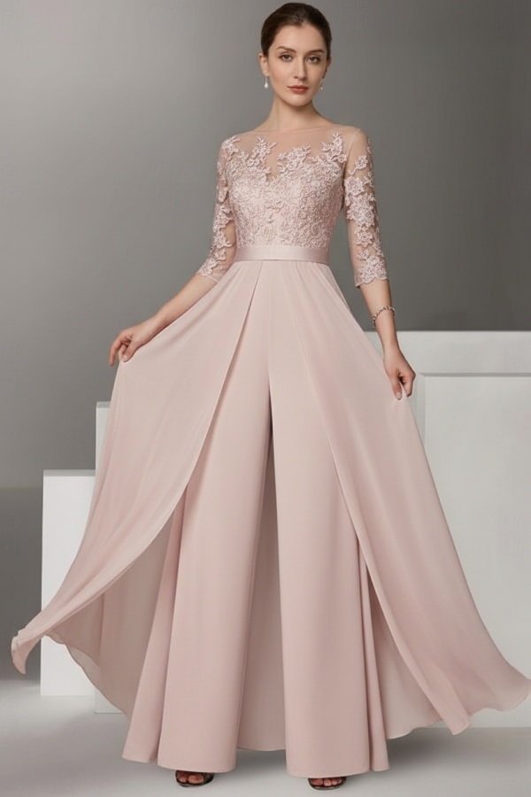 Festliche Hosenanzüge Lang | Chiffon Brautmutterkleider mit Ärmel
