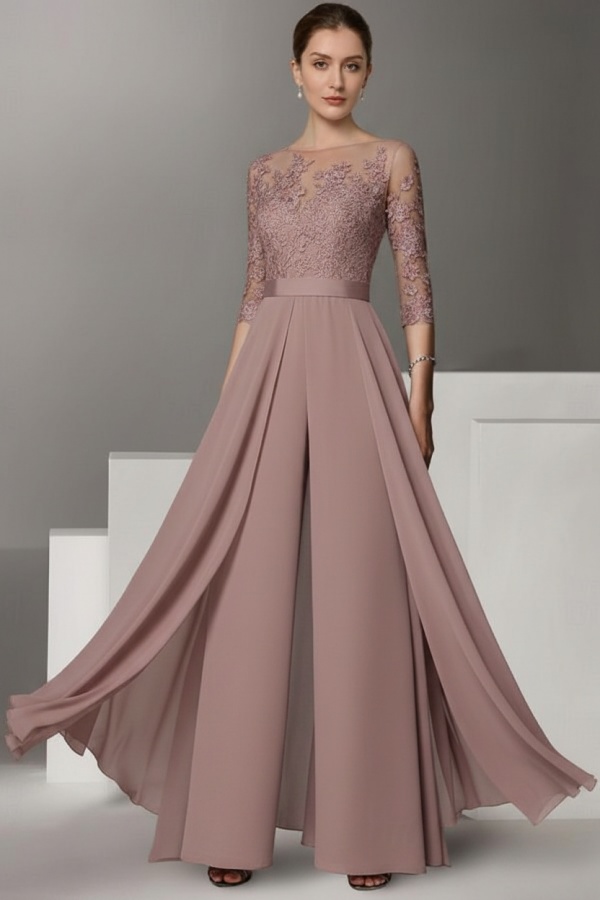 Festliche Hosenanzüge Lang | Chiffon Brautmutterkleider mit Ärmel